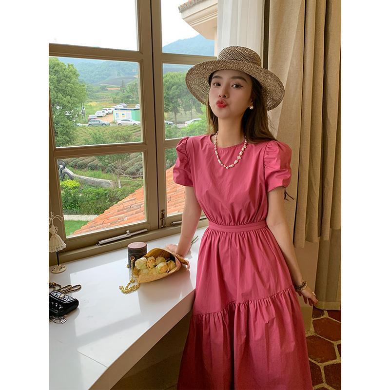 French retro waist slimming rose pink round neck puff sleeve long dress