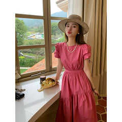 French retro waist slimming rose pink round neck puff sleeve long dress