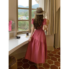 French retro waist slimming rose pink round neck puff sleeve long dress