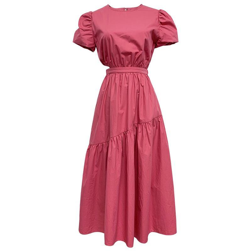 French retro waist slimming rose pink round neck puff sleeve long dress