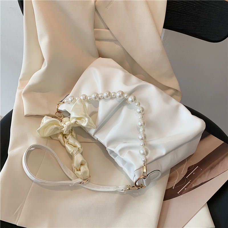 High-end Pearl Pleated Cloud bow straps with pearls summer Versatile Shoulder Handbag