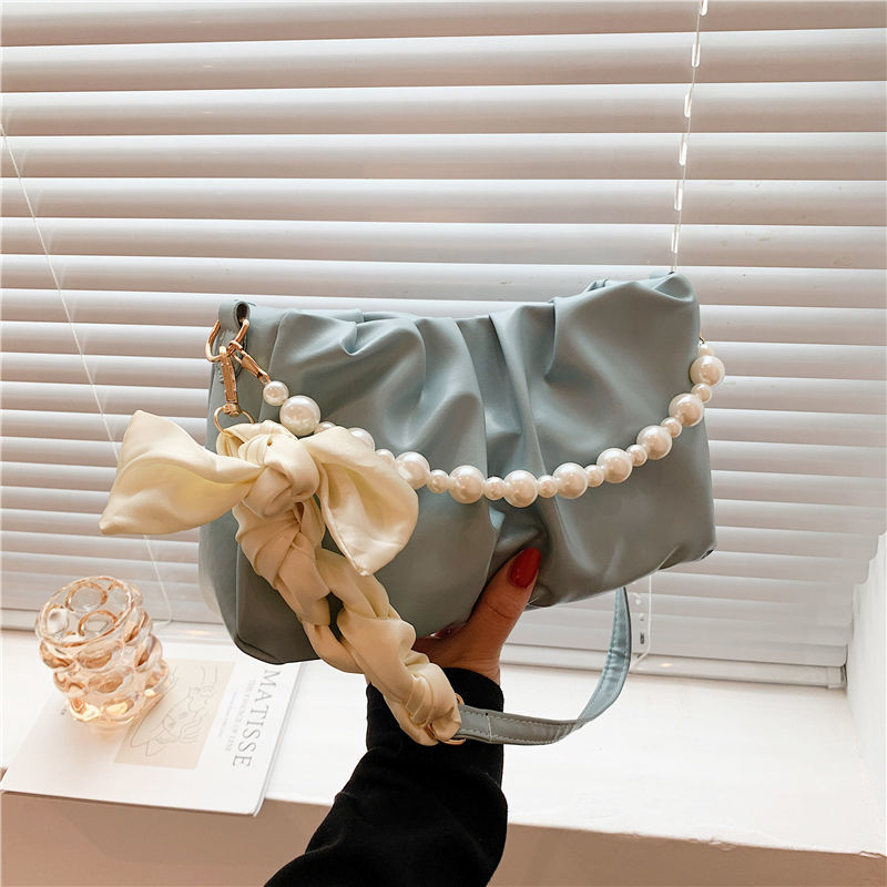 High-end Pearl Pleated Cloud bow straps with pearls summer Versatile Shoulder Handbag