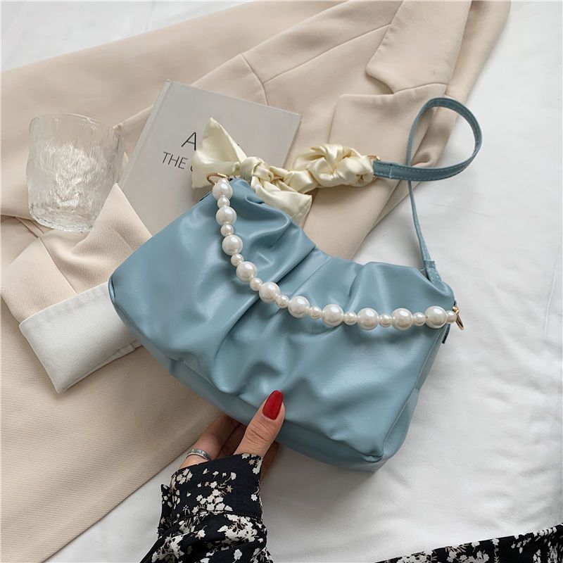 High-end Pearl Pleated Cloud bow straps with pearls summer Versatile Shoulder Handbag