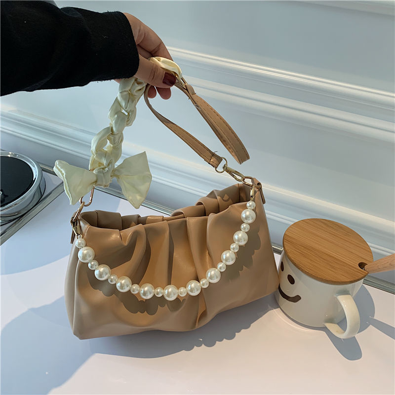 High-end Pearl Pleated Cloud bow straps with pearls summer Versatile Shoulder Handbag