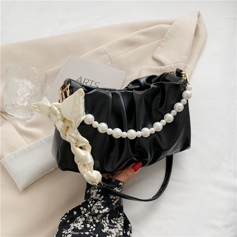 High-end Pearl Pleated Cloud bow straps with pearls summer Versatile Shoulder Handbag