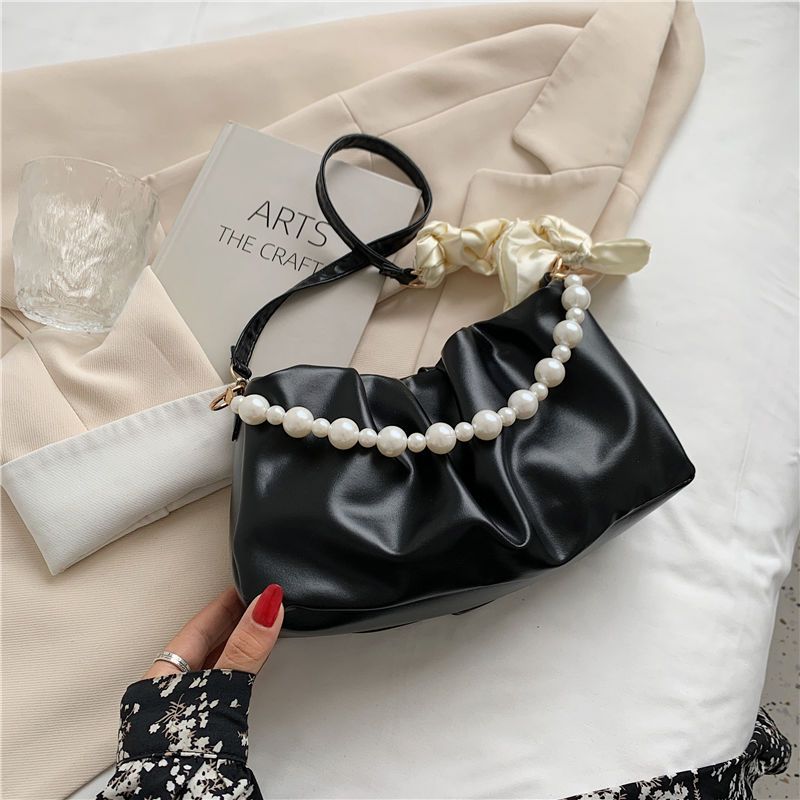 High-end Pearl Pleated Cloud bow straps with pearls summer Versatile Shoulder Handbag