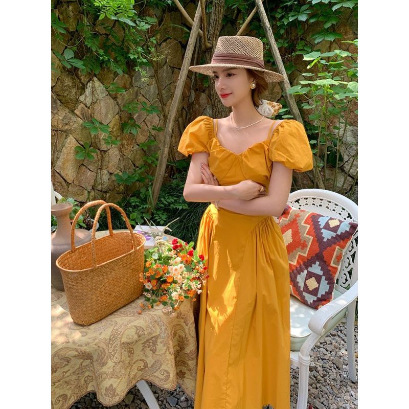 French V-neck  puff sleeve mustard off-shoulder long Dress