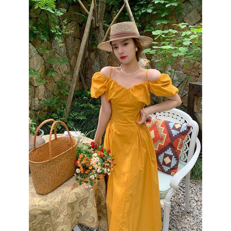 French V-neck  puff sleeve mustard off-shoulder long Dress