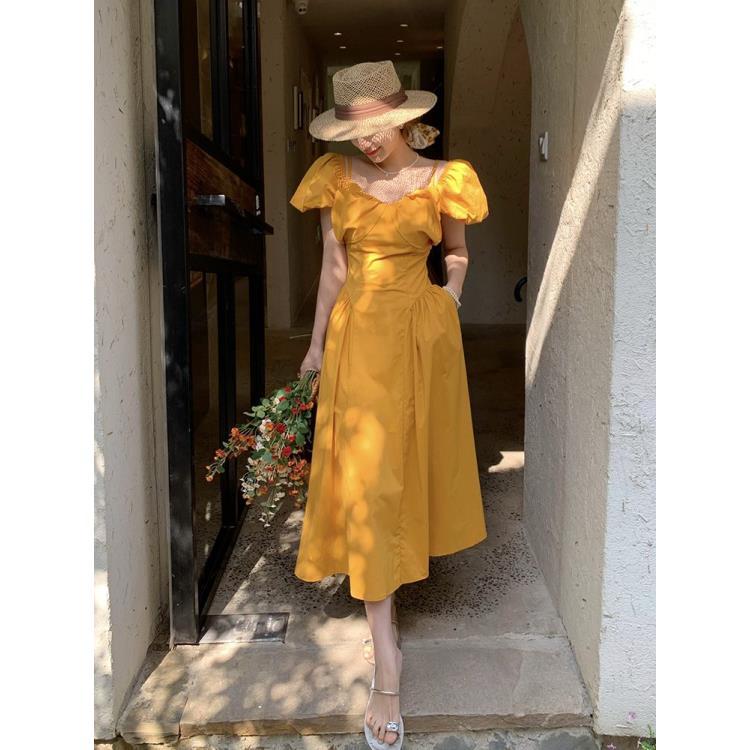 French V-neck  puff sleeve mustard off-shoulder long Dress