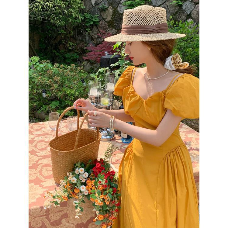 French V-neck  puff sleeve mustard off-shoulder long Dress