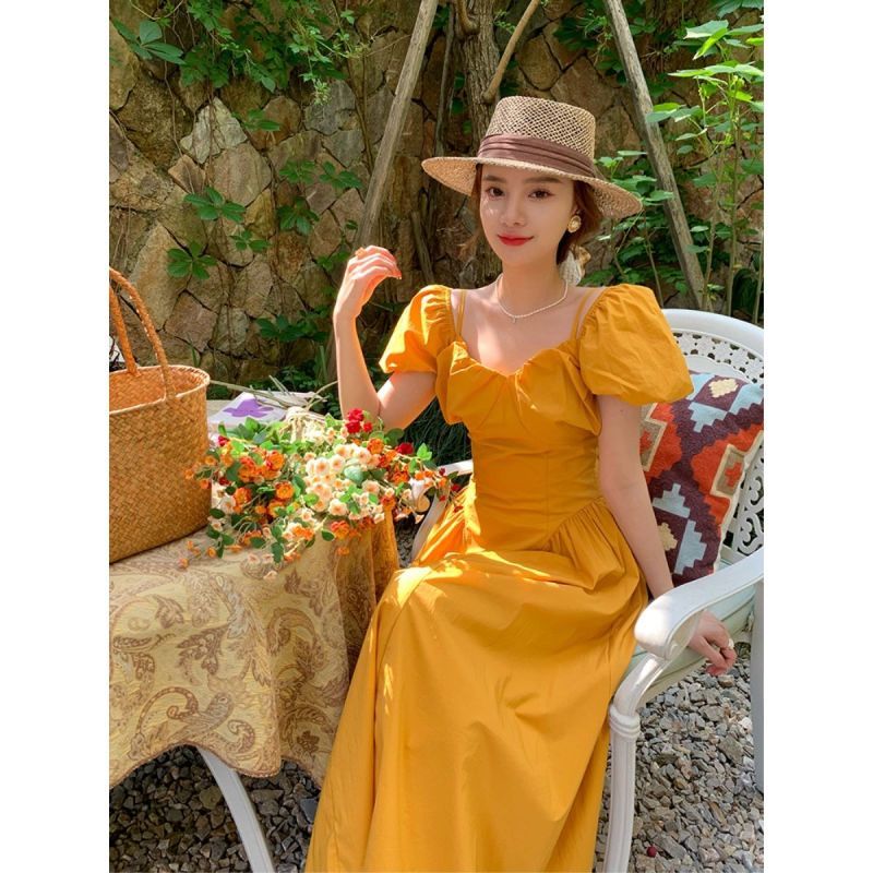 French V-neck  puff sleeve mustard off-shoulder long Dress