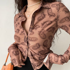 Retro Design Printed Lapel Extra Long Sleeve Women's Slim Shirt