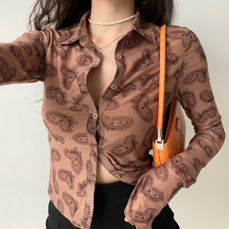 Retro Design Printed Lapel Extra Long Sleeve Women's Slim Shirt