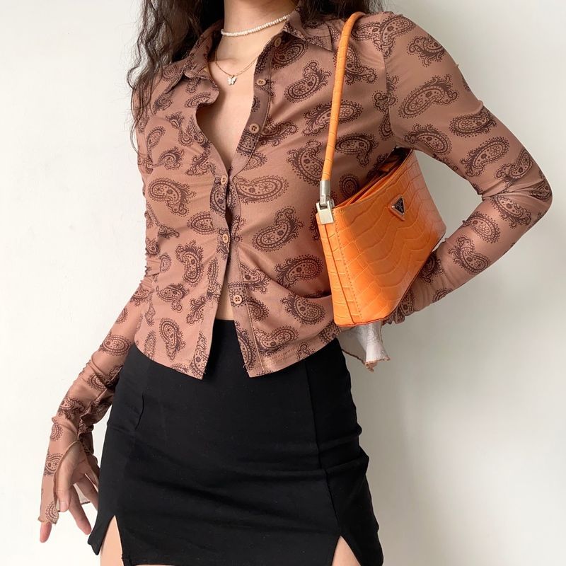 Retro Design Printed Lapel Extra Long Sleeve Women's Slim Shirt