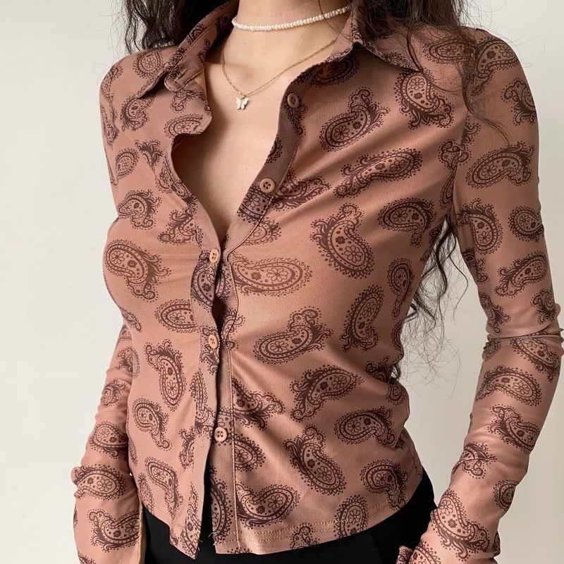 Retro Design Printed Lapel Extra Long Sleeve Women's Slim Shirt