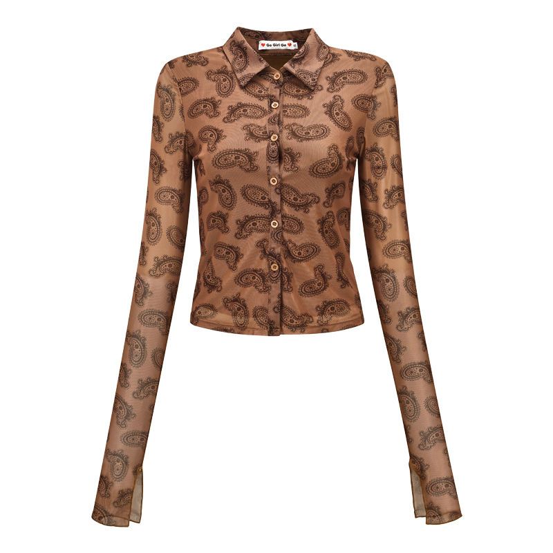 Retro Design Printed Lapel Extra Long Sleeve Women's Slim Shirt