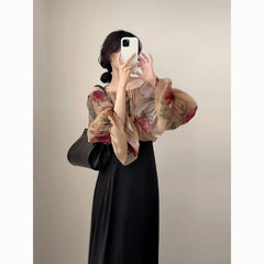 One-line collar off-shoulder printed chiffon loose slimming chic trumpet sleeve top