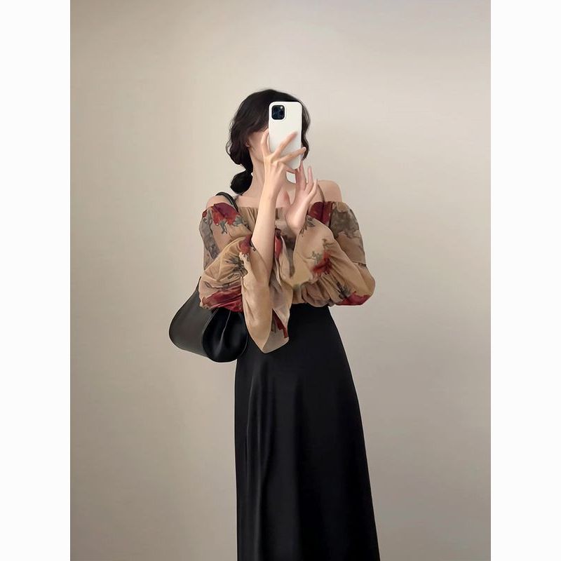 One-line collar off-shoulder printed chiffon loose slimming chic trumpet sleeve top