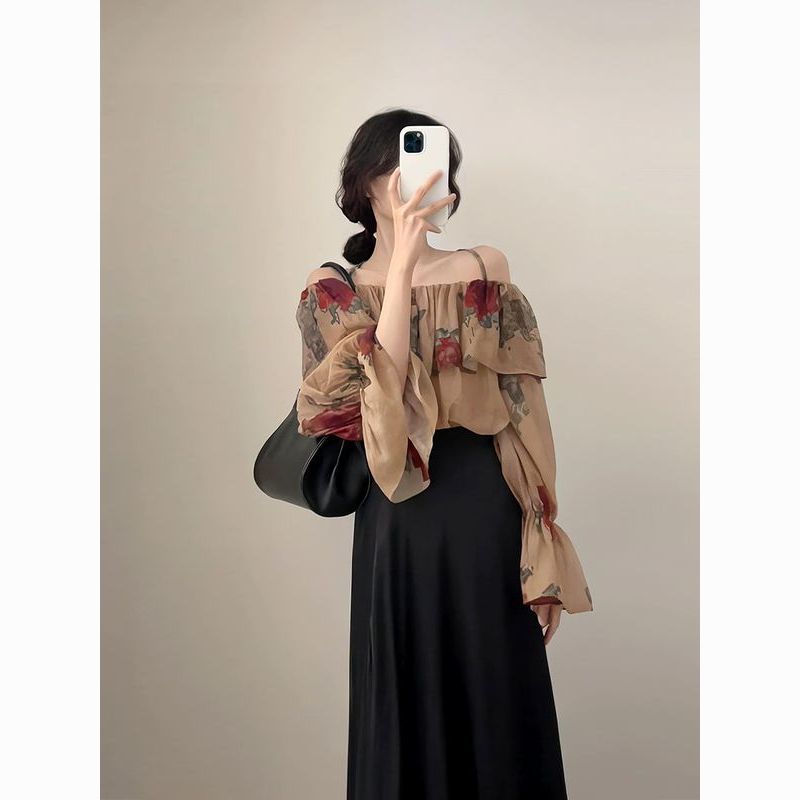 One-line collar off-shoulder printed chiffon loose slimming chic trumpet sleeve top