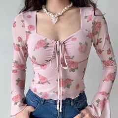 French sweet mesh flower print bell sleeve square neck slim long sleeve top