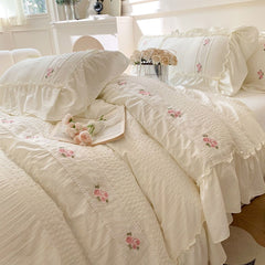 French retro floral embroidered seersucker fabric washed cotton bed sheets four-piece set with quilt cover | Aesthetic bedding