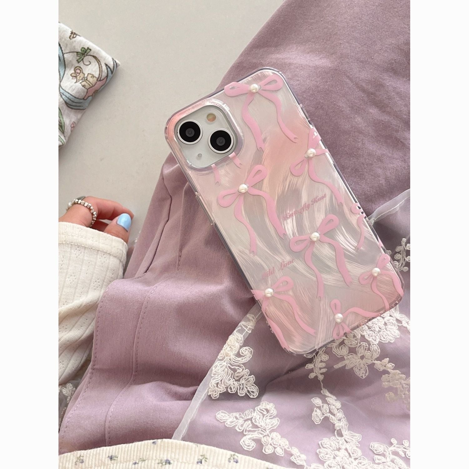 Korean style fairy Feather yarn pink bow phone case