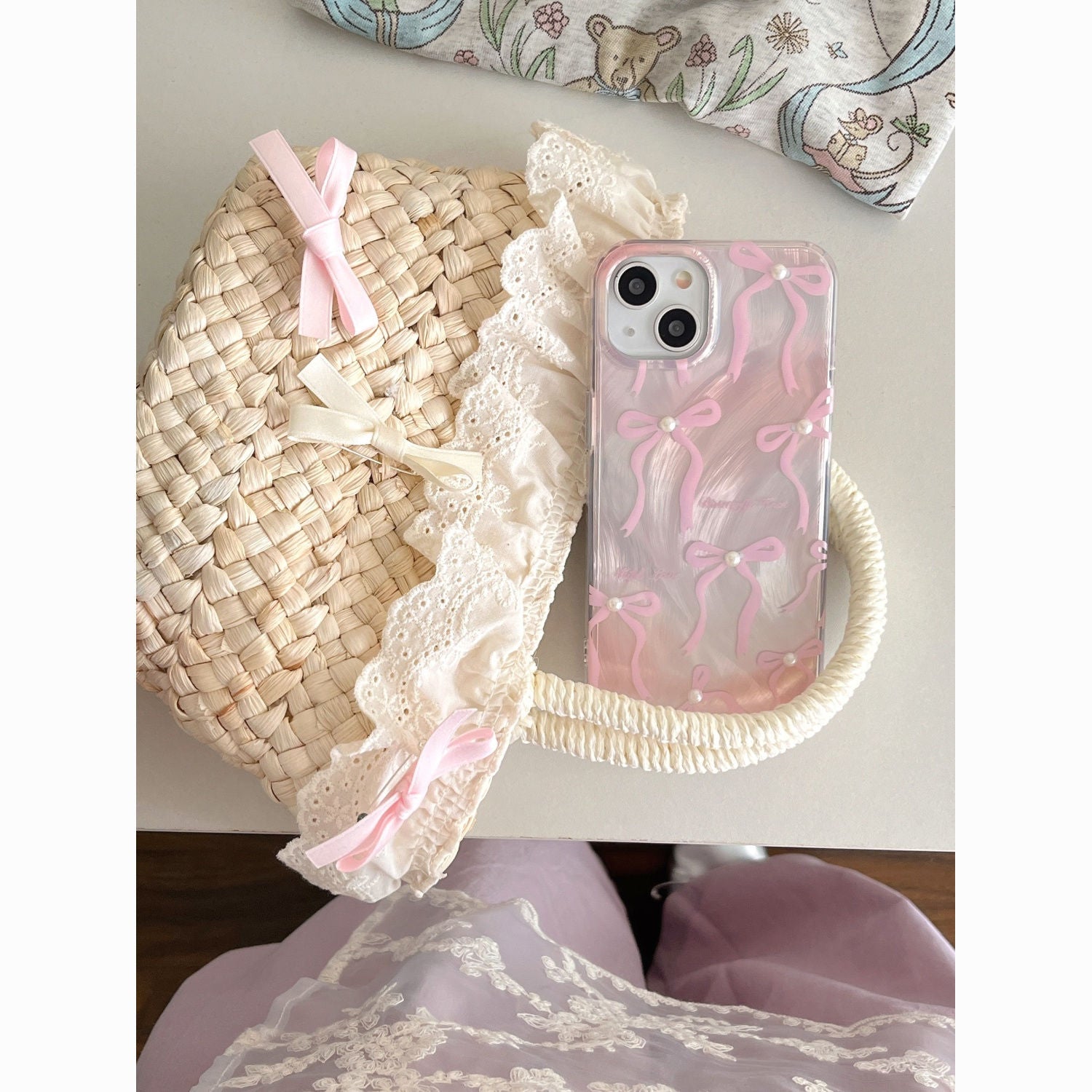 Korean style fairy Feather yarn pink bow phone case