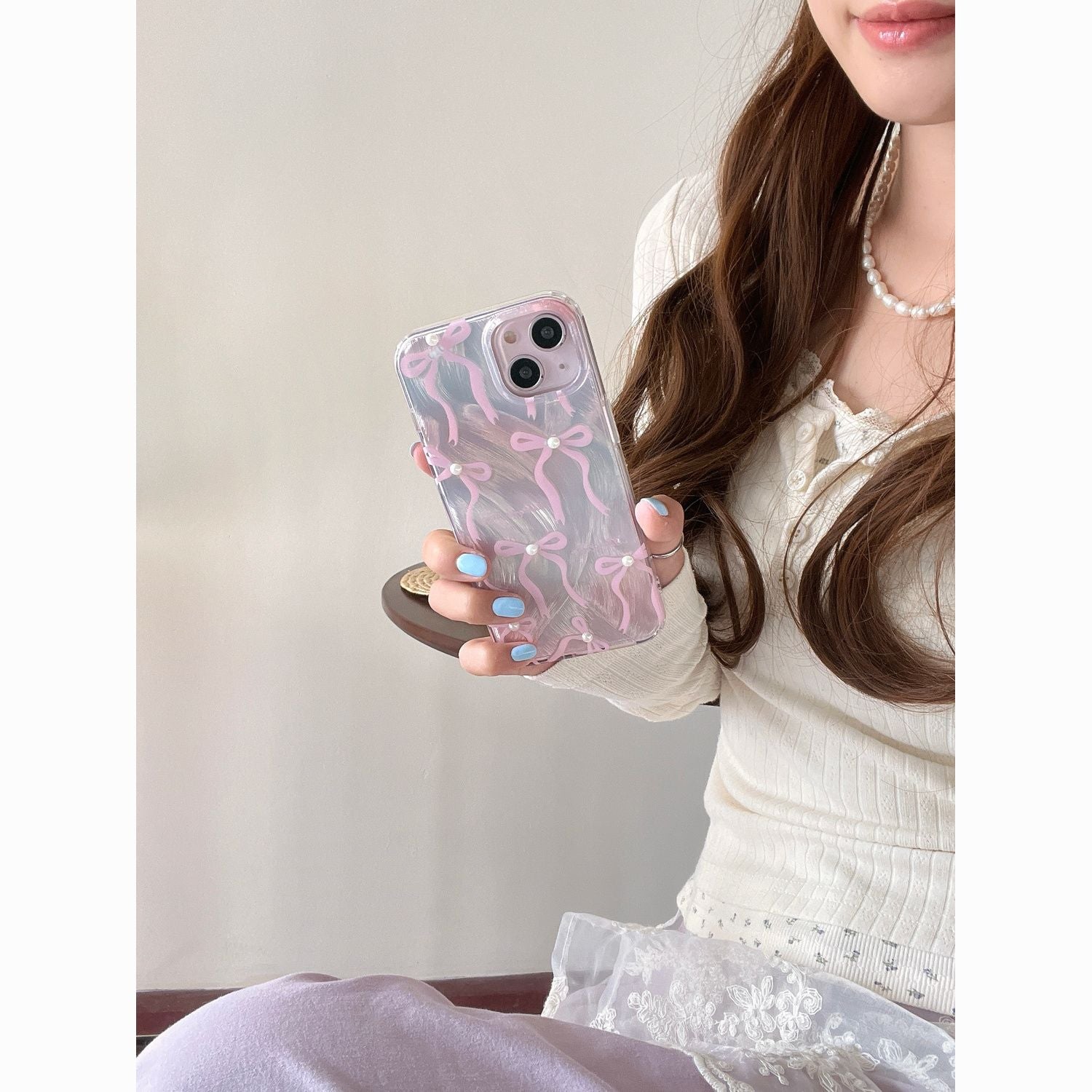 Korean style fairy Feather yarn pink bow phone case