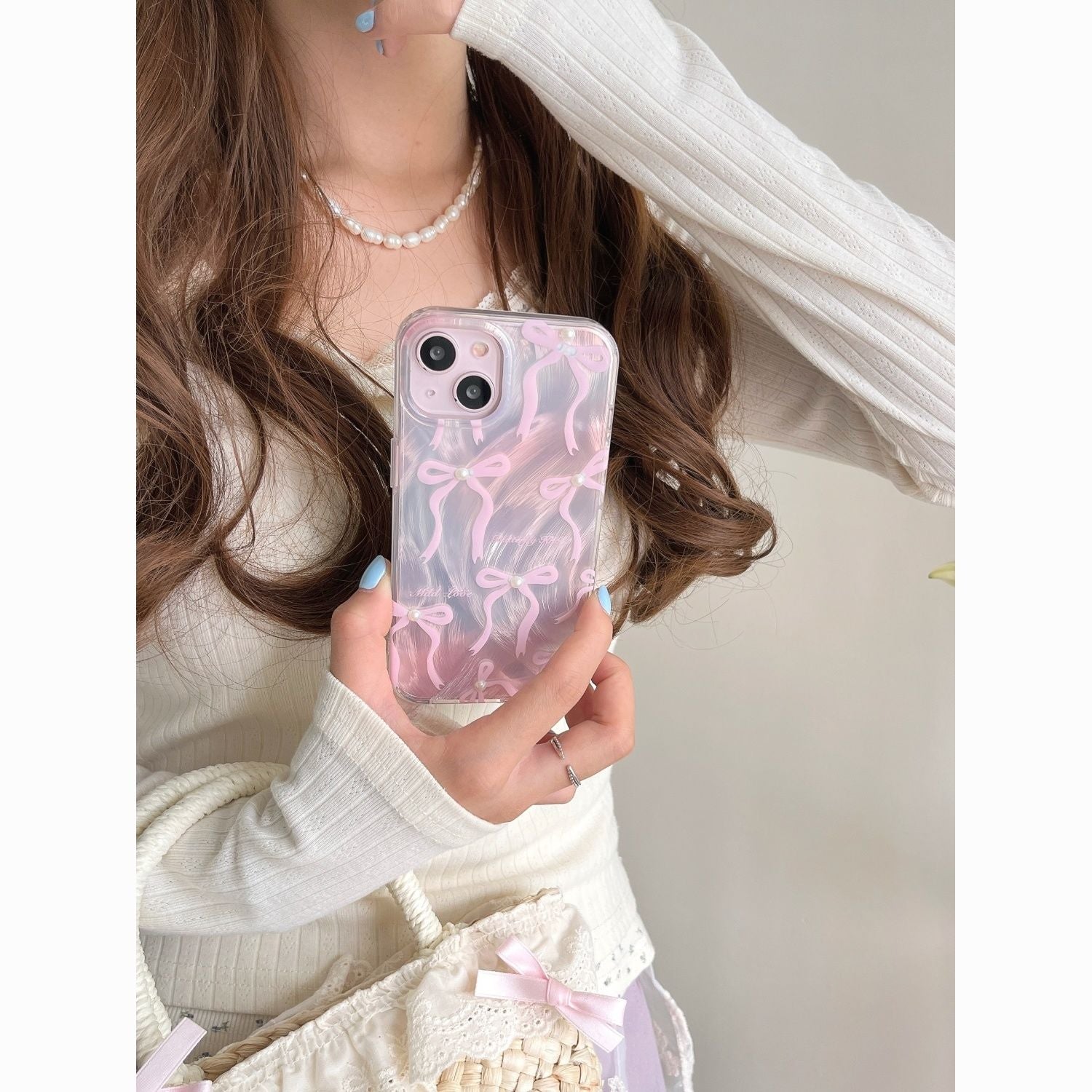 Korean style fairy Feather yarn pink bow phone case