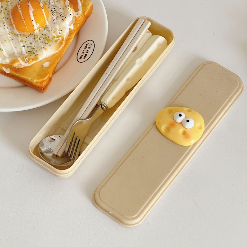 Cute Cheese-Themed Cutlery Set – Portable Spoon, Fork, and Chopsticks with Storage Case for Students & Kids