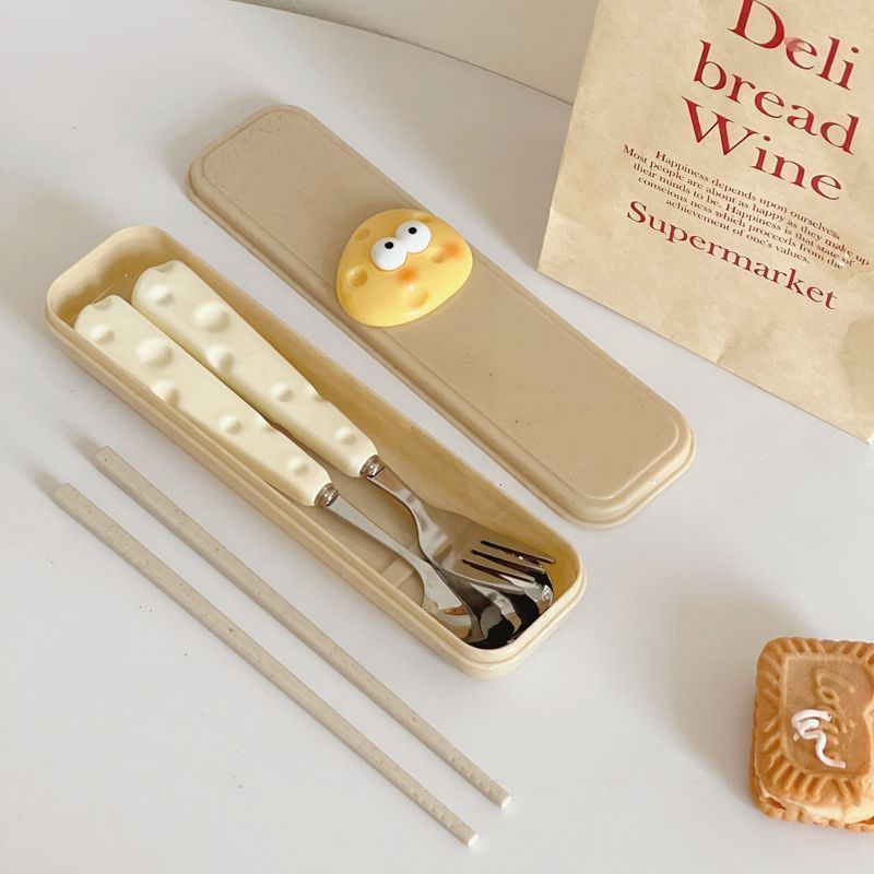 Cute Cheese-Themed Cutlery Set – Portable Spoon, Fork, and Chopsticks with Storage Case for Students & Kids