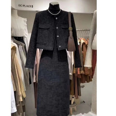 Black Tweed Cropped Jacket with Button Front and Skirt Two-Piece - Chic Women's Outerwear