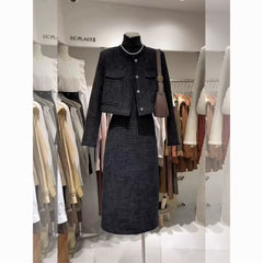 Black Tweed Cropped Jacket with Button Front and Skirt Two-Piece - Chic Women's Outerwear