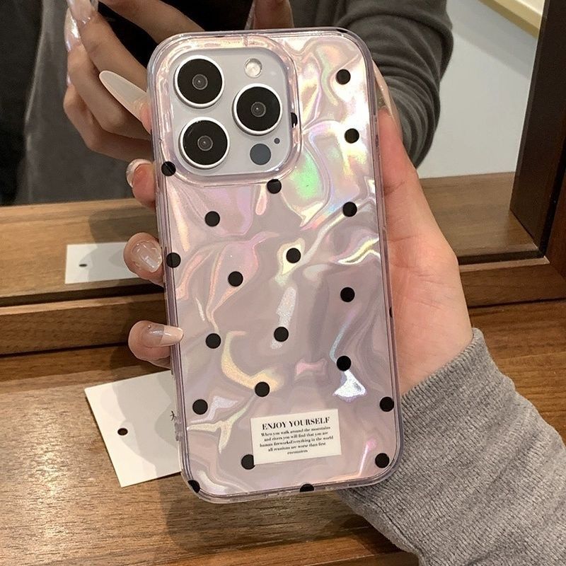 Korean Style INS Style Taro Purple Ripple Texture with Black Polka Dots iPhone Case