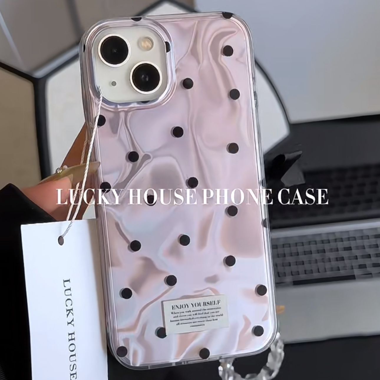 Korean Style INS Style Taro Purple Ripple Texture with Black Polka Dots iPhone Case