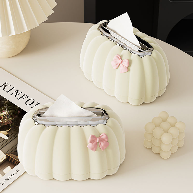 Pumpkin Spring Tissue Box – Creative Tissue Holder for Home and Office, Minimalist Velvet Tissue Organizer in Cream