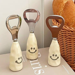 Cute smiley face beer bottle opener with a ceramic handle, stand-up design, creative stainless steel cap remover, bottle opener.