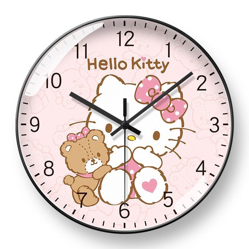 Cute Hello Kitty wall clock for children's room, fun quartz clock for kids' room, small fresh cartoon design, no-drill installation