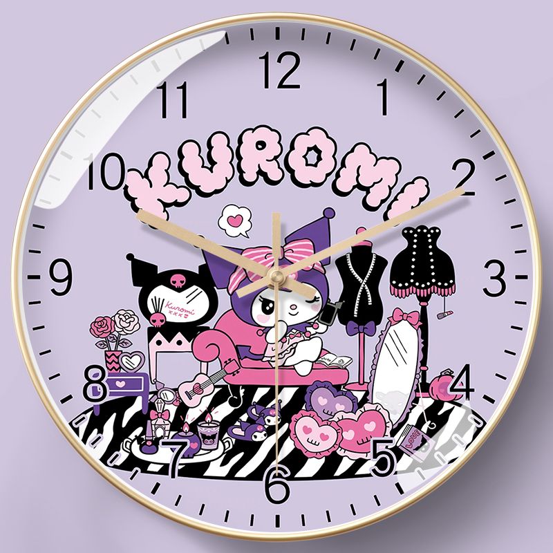 Cute Kuromi wall clock, cartoon design for children's room, small fresh style, adorable bedroom clock for students and study, quartz clock.