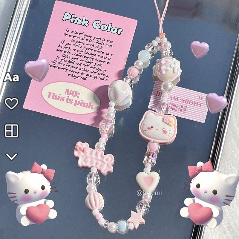 Sanrio Style Hello Kitty Beaded Phone Chain - Cute Pink Charms for Phones & Cameras