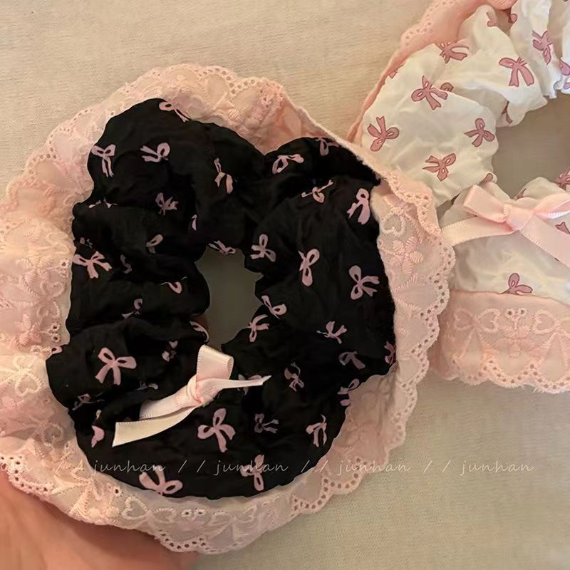 Sweet Pink Lace Bow Hair Scrunchie – Korean Style Elegant Large Hair Accessory for Women