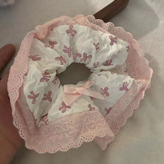 Sweet Pink Lace Bow Hair Scrunchie – Korean Style Elegant Large Hair Accessory for Women