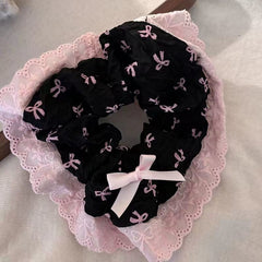 Sweet Pink Lace Bow Hair Scrunchie – Korean Style Elegant Large Hair Accessory for Women