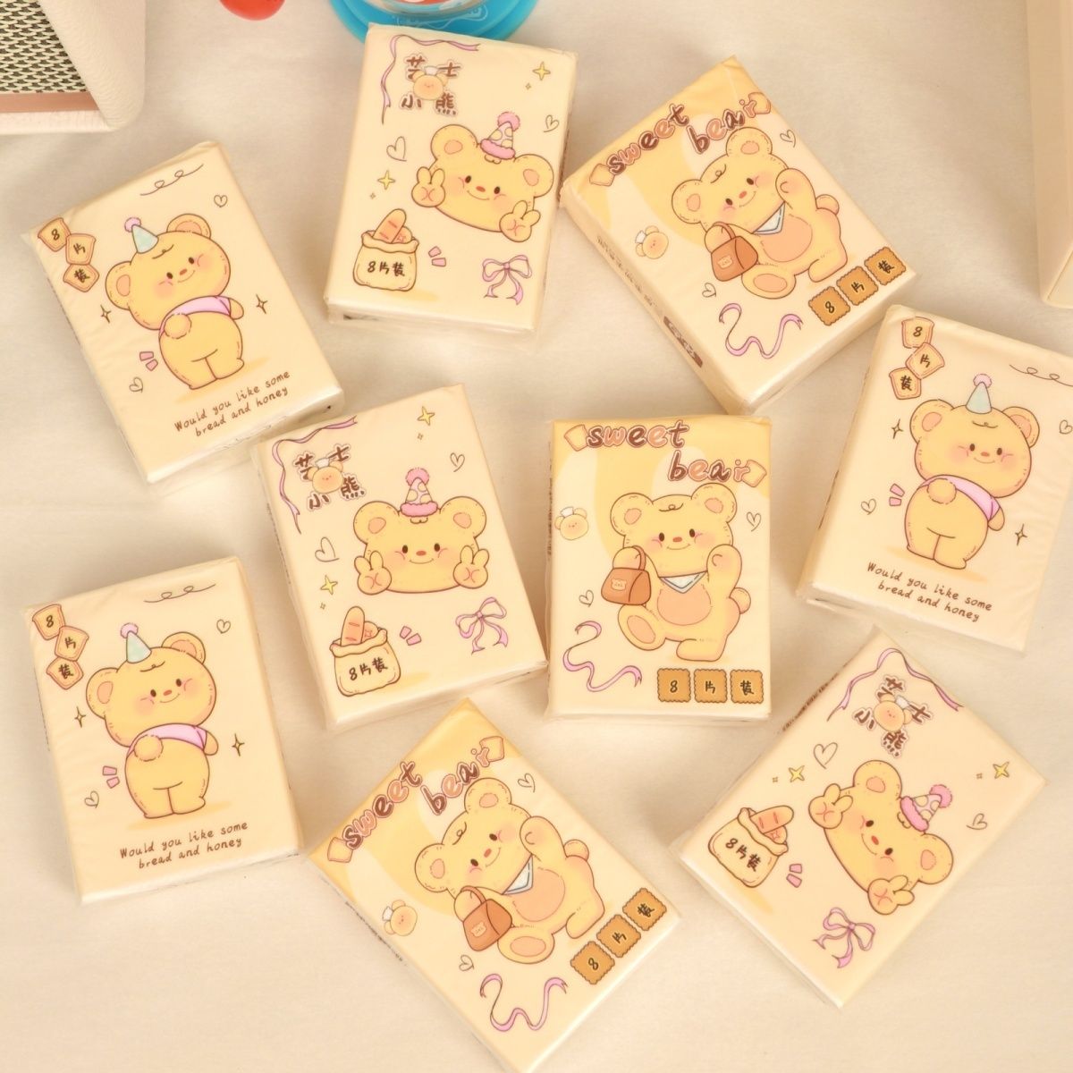 Cartoon Cheese Bear Handkerchief Pack – Portable Cute Napkins, Face Tissues, and Wet Wipes for Home Use