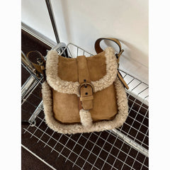 Vintage Shearling Shoulder Bag - Fuzzy Suede Mini Purse