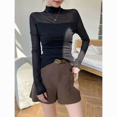 Retro Mesh Semi-Turtleneck Long-Sleeve Top / Slim Fit