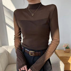 Retro Mesh Semi-Turtleneck Long-Sleeve Top / Slim Fit