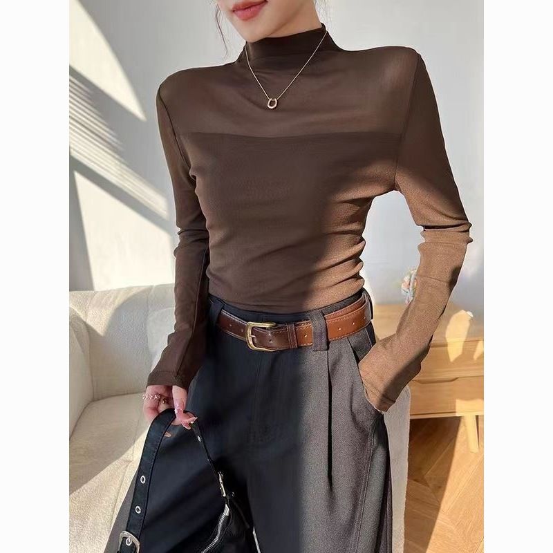 Retro Mesh Semi-Turtleneck Long-Sleeve Top / Slim Fit