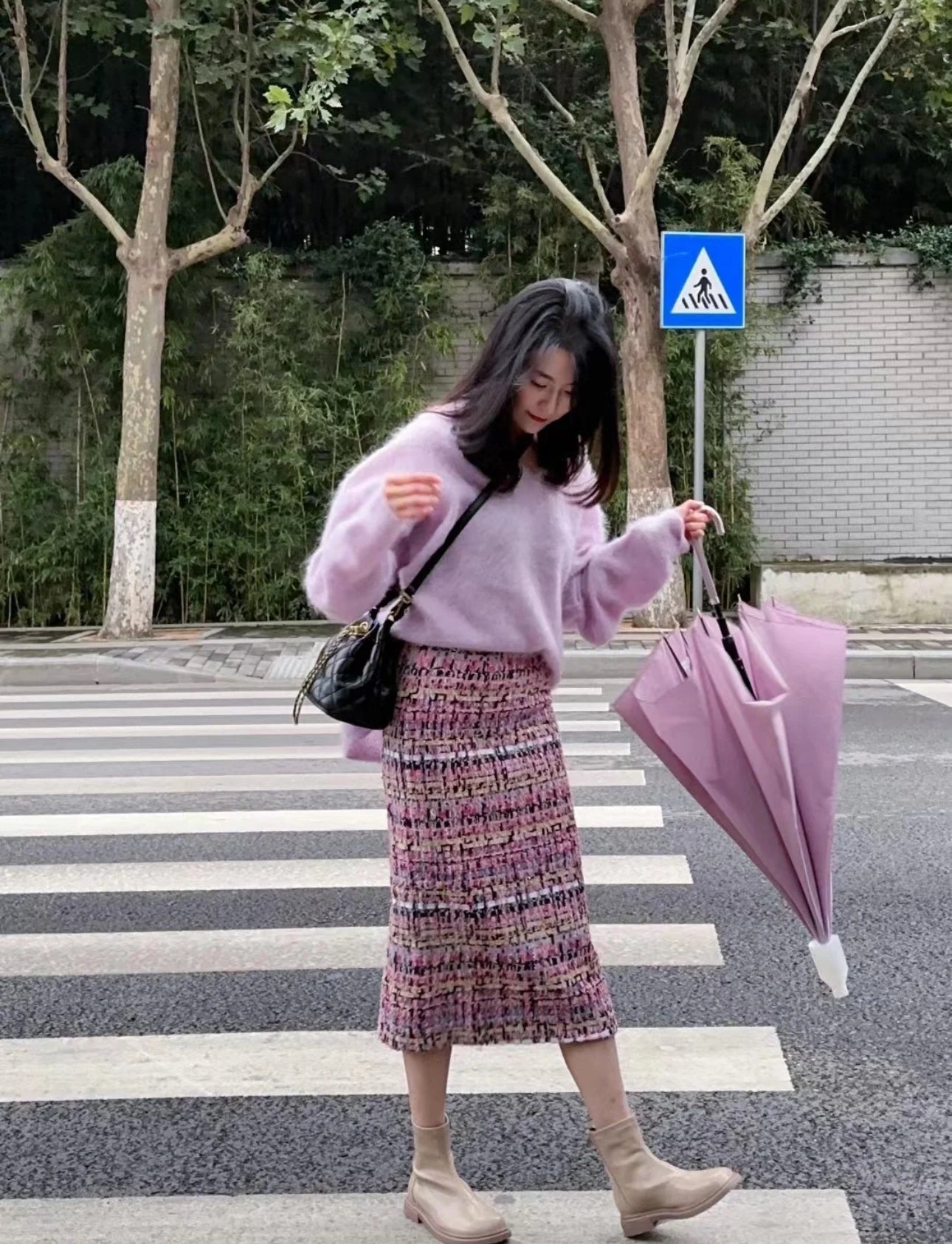 Purple multi colour mid length skirt