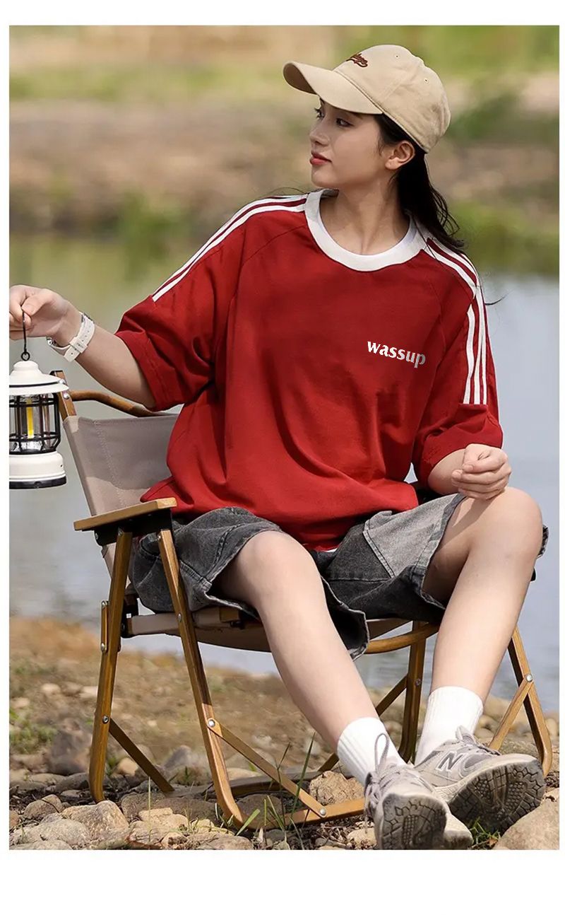 WASSUP three-stripe short-sleeved T-shirt UNISEX summer heavy loose casual couple half-sleeved tops